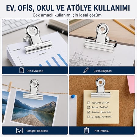 Metal Kıskaç Klips 64mm 12 Adet Paslanmaz Çelik Büyük Kağıt Klipsi, Evrak Fotoğraf Not Tutucu Çok Amaçlı Ofis Kırtasiye Klipsi Yaylı Kıskaç CZ-11
