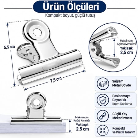 Metal Kıskaç Klips 64mm 12 Adet Paslanmaz Çelik Büyük Kağıt Klipsi, Evrak Fotoğraf Not Tutucu Çok Amaçlı Ofis Kırtasiye Klipsi Yaylı Kıskaç CZ-11