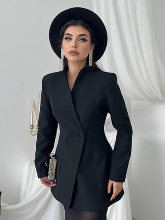 Yaka Detaylı Blazer Ceket Şifon Etek Takım - Uzun Kollu Kadın Takım Elbise