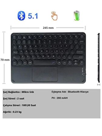 Wenn Tab 7" Uyumlu Kablosuz Bluetooth Şarj Edilebilir Mini Q TouchPad'li Klavye - Sarı