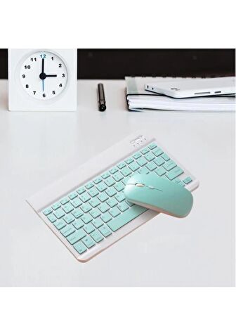 Wenn Tab Ultra 10.1" Uyumlu Kablosuz Bluetooth Şarj Edilebilir Mini Q Klavye Mouse Seti - Turkuaz