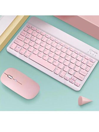 Lenovo Tab M9 ZAC30136TR 9" Uyumlu Kablosuz Bluetooth Şarjlı Mini Q Klavye Mouse Seti - Pembe