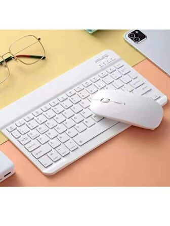 Lenovo Tab M9 ZAC40070TR 9" Uyumlu Kablosuz Bluetooth Şarjlı Mini Q Klavye Mouse Seti - Beyaz