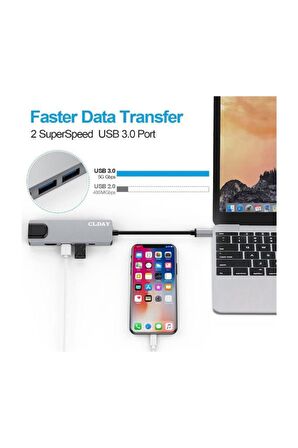 Usb 3.1 Type C To Hdmi (MHL) 2x Usb 3.0 Rj45 Gigabit Ethernet Dönüştürücü  Çevirici Adaptör 5 In 1