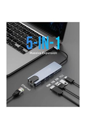 Usb 3.1 Type C To Hdmi (MHL) 2x Usb 3.0 Rj45 Gigabit Ethernet Dönüştürücü  Çevirici Adaptör 5 In 1