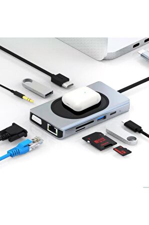 Type-c To Kablosuz Şarj Hdmı Vga Rj45 Sd Tf Card Usb 3.0 Aux 9 In 1 Port Görüntü Aktarıcı Adaptör