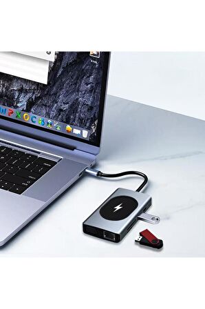 Type-c To Kablosuz Şarj Hdmı Vga Rj45 Sd Tf Card Usb 3.0 Aux 9 In 1 Port Görüntü Aktarıcı Adaptör