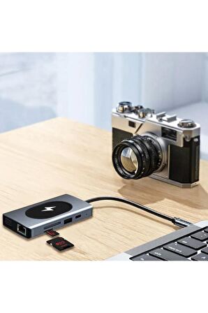 Type-c To Kablosuz Şarj Hdmı Vga Rj45 Sd Tf Card Usb 3.0 Aux 9 In 1 Port Görüntü Aktarıcı Adaptör