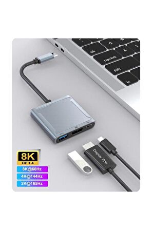 Apple MacBook Android Uyumlu 3 in1 Display Port HUB Adaptör 8K 60hz Type-C USB PD 100W Çevirici