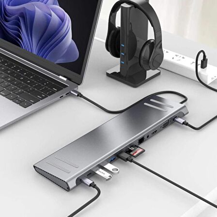 14in1 Type-C to USB 3.0-SD/TF-RJ45-HDMI-VGA Aktarıcı Dönüştürücü Çoklayıcı Aparat Çevirici Adaptör