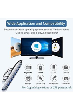 Multi Port Type-c Ve Usb Girişli 7 Port Usb Hub Otg Çoğaltıcı Tablet Telefon Bilgisayarlar Çoklayıcı