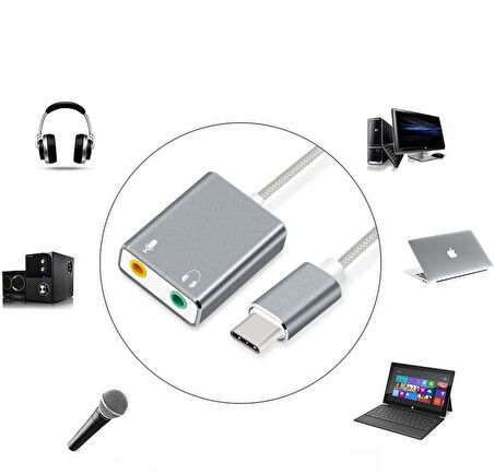 Type-C to 3.5mm Aux ve Mikrofon Uyumlu Dönüştürücü Adaptör Sound Aparat