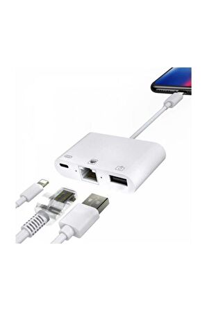 iPhone ve iPad Uyumlu Usb Ethernet Lightning Şarj Adaptörü Çevirici Dönüştürücü 3 in 1 Aparat