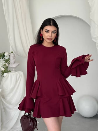 Çift Volanlı Kollu Mini Elbise - Peplum Detaylı Kadın Elbise