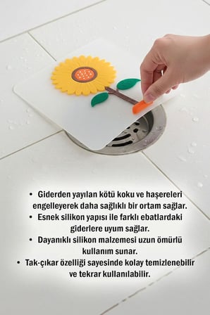 TİNEKE Ayçiçeği Kare Silikon Kötü Koku Önleyici Gider Kapağı – Banyo, Mutfak, Balkon Lavabo Tıpası 14,5x14