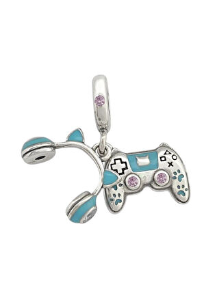 Mavi Kulaklık ve Oyun Kolu (Gamer Girl) Charm | 925 Ayar Gümüş