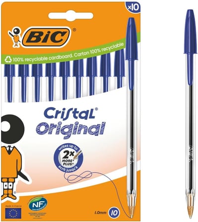 Cristal Orijinal Tükenmez Kalem, Orta Uçlu (1,00 mm), Altıgen Şaft ve Uygun Kapaklı - Mavi, Her Biri 10 Adet Karton Kutu