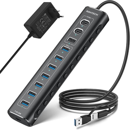 USB C 3.2 Hub Aktif Güç Kaynaklı (60W 12/5A), 11 Port USB C 3.1 Gen2 Hub 20W PD, 3 x 10Gbps USB 3.2 (2 x Tip C, 1 x Tip A), 7 * 5Gbps USB 3.0, 2'si 1 Arada Kablo, Alüminyum USB Dağıtıcı,