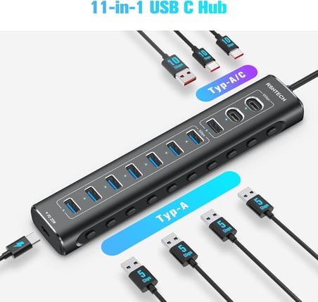 USB C 3.2 Hub Aktif Güç Kaynaklı (60W 12/5A), 11 Port USB C 3.1 Gen2 Hub 20W PD, 3 x 10Gbps USB 3.2 (2 x Tip C, 1 x Tip A), 7 * 5Gbps USB 3.0, 2'si 1 Arada Kablo, Alüminyum USB Dağıtıcı,