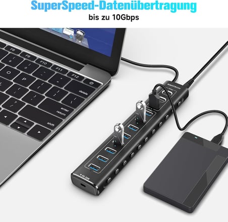 USB C 3.2 Hub Aktif Güç Kaynaklı (60W 12/5A), 11 Port USB C 3.1 Gen2 Hub 20W PD, 3 x 10Gbps USB 3.2 (2 x Tip C, 1 x Tip A), 7 * 5Gbps USB 3.0, 2'si 1 Arada Kablo, Alüminyum USB Dağıtıcı,