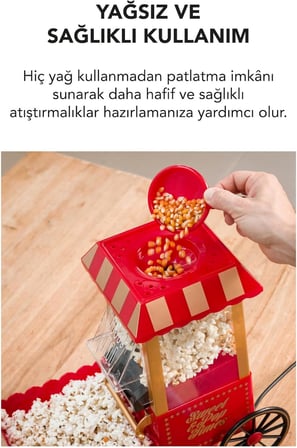 Mısır Patlatma Makinesi, Yağsız ve Sağlıklı, Retro Tasarım, Ev ve Ofis Kullanımı için, 40 cm, Şık Görünüm