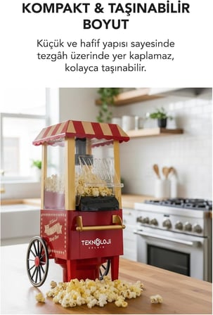 Mısır Patlatma Makinesi, Yağsız ve Sağlıklı, Retro Tasarım, Ev ve Ofis Kullanımı için, 40 cm, Şık Görünüm