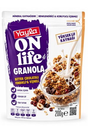 Yayla On Life Granola Bitter Çikolatalı Fındıklı & Vişneli 200 Gr – Yüksek Lif Kaynağı
