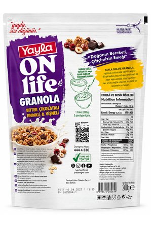 Yayla On Life Granola Bitter Çikolatalı Fındıklı & Vişneli 200 Gr – Yüksek Lif Kaynağı