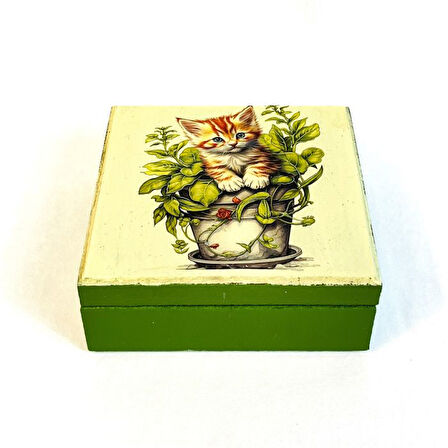 Uretti - Hülya 6683 3858 El Yapımı Nostaljik Retro Kedi Baskılı Kare Ahşap Dekoratif Saklama / Takı Kutusu - Yeşil