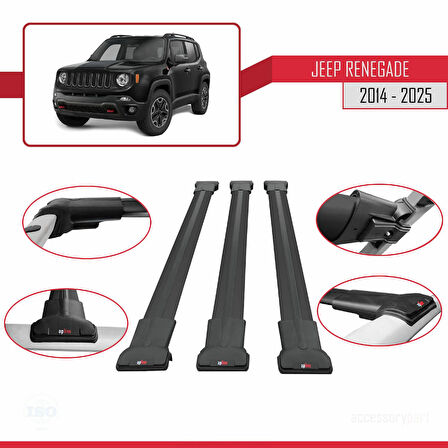 Jeep Renegade (BU) 2014 ve Sonrası ile Uyumlu FLY Model Ara Atkı Tavan Barı Siyah 3 Adet