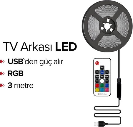 Tv Arkası Animasyonlu RGB Şerit Led Seti Kumandalı 3 Metre - Cata - 5v Usb girişli