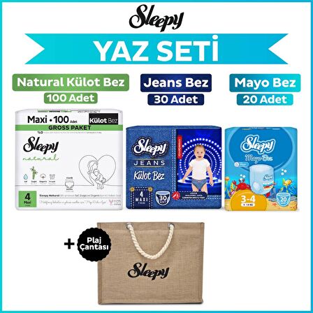 Sleepy 4 Numara Maxi Natural Gross 100+Mayo Bez 20+Jeans Külot Bez 30+Plaj Çantası