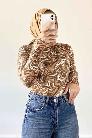 Bisiklet Yaka Ebru Desenli Body Karemel