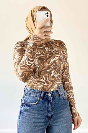 Bisiklet Yaka Ebru Desenli Body Karemel