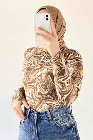 Bisiklet Yaka Ebru Desenli Body Karemel