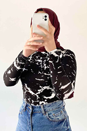 Bisiklet Yaka Mermer Desenli Body Siyah