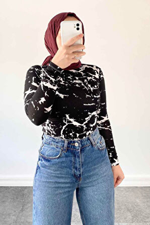 Bisiklet Yaka Mermer Desenli Body Siyah