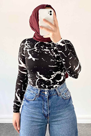 Bisiklet Yaka Mermer Desenli Body Siyah
