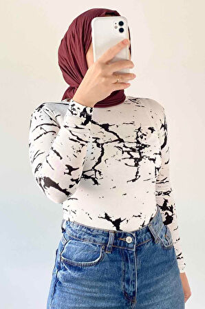 Bisiklet Yaka Mermer Desenli Body Beyaz