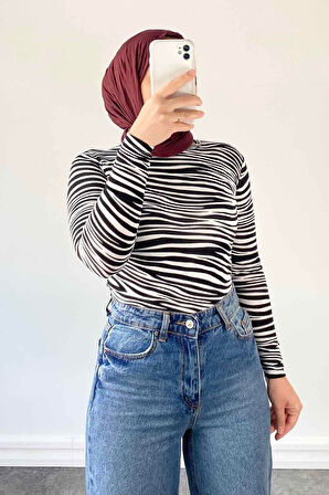 Bisiklet Yaka Ebru Desenli Body Siyah