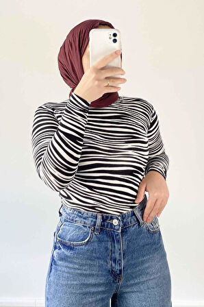 Bisiklet Yaka Ebru Desenli Body Siyah