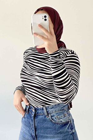 Bisiklet Yaka Ebru Desenli Body Siyah