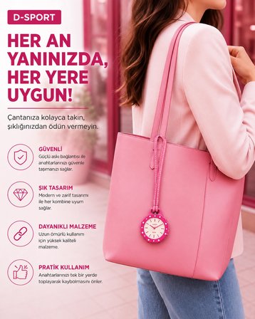 D-SPORT Boyol Pop Çanta Süsü Anahtarlık Saat Premium Deri Askılı Dekoratif Aksesuar