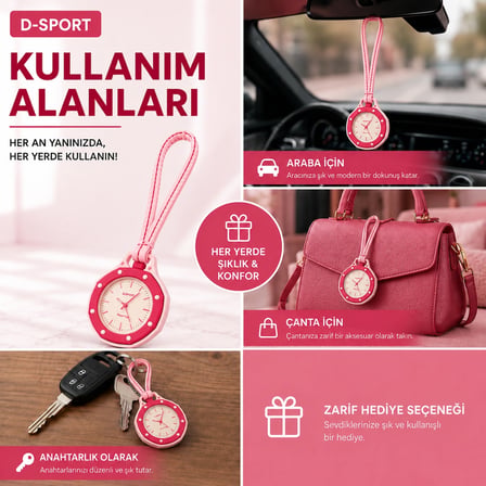 D-SPORT Boyol Pop Çanta Süsü Anahtarlık Saat Premium Deri Askılı Dekoratif Aksesuar