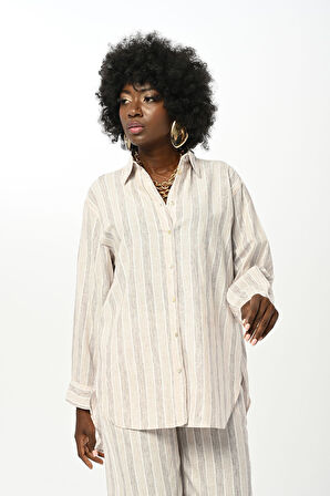 KADIN ÇİZGİLİ DESENLİ GÖMLEK