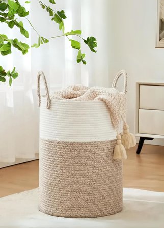 NaturaWeave Jüt Hasır Kirli Sepeti Banyo Sepeti Giyisi Havlu Battaniye Dergi Oyuncak Düzenleyici Saksı Sepet Organizer Hafif Kulp Detaylı Yumşak Ve Dayanıklı Karavan Organizeri (HASIR-BEYAZ)