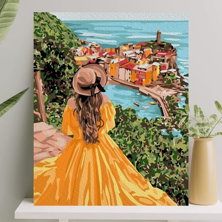 Sayılarla Boyama Tuval Seti Fırça Boya Dahil (Çıtalı) 40x50 CM - Sarı Elbiseli Kız