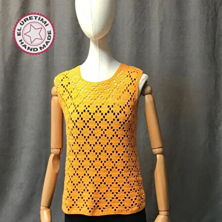 Uretti - Seda 4793 - 7253 El Örgüsü Baklava Desenli Turuncu Renk Bluz - 38 Beden