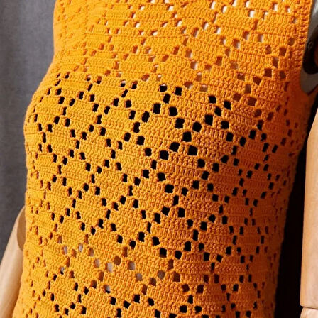 Uretti - Seda 4793 - 7253 El Örgüsü Baklava Desenli Turuncu Renk Bluz - 38 Beden