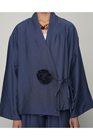 Kadın Gül Detaylı Yandan Bağlamalı Düz Renk Kimono-Ceket